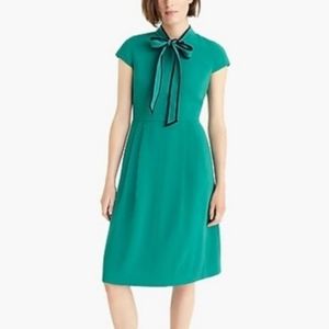 J. Crew Poly Crepe Green Tie Neck Cap Sleeve Midi Dress with Bow